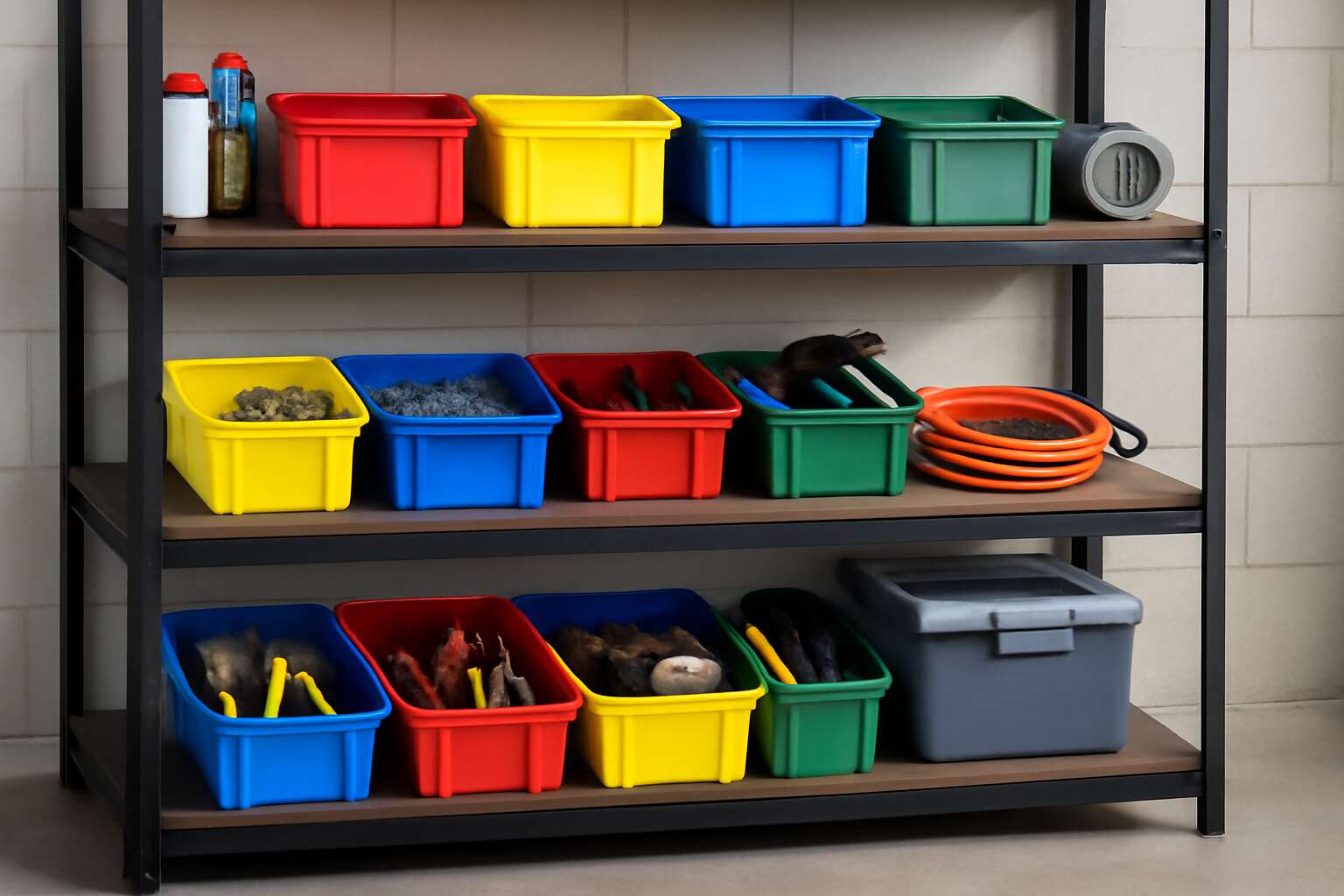 shelving with bins