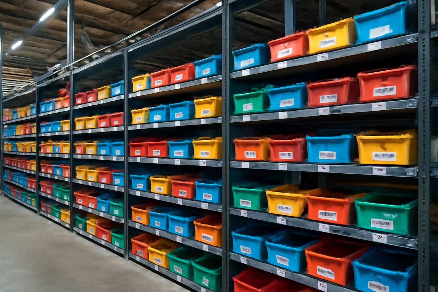 racking with storage boxes