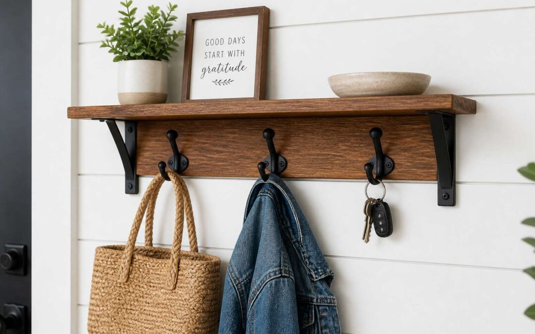 Maximize storage with shelving with hooks for easy organization.
