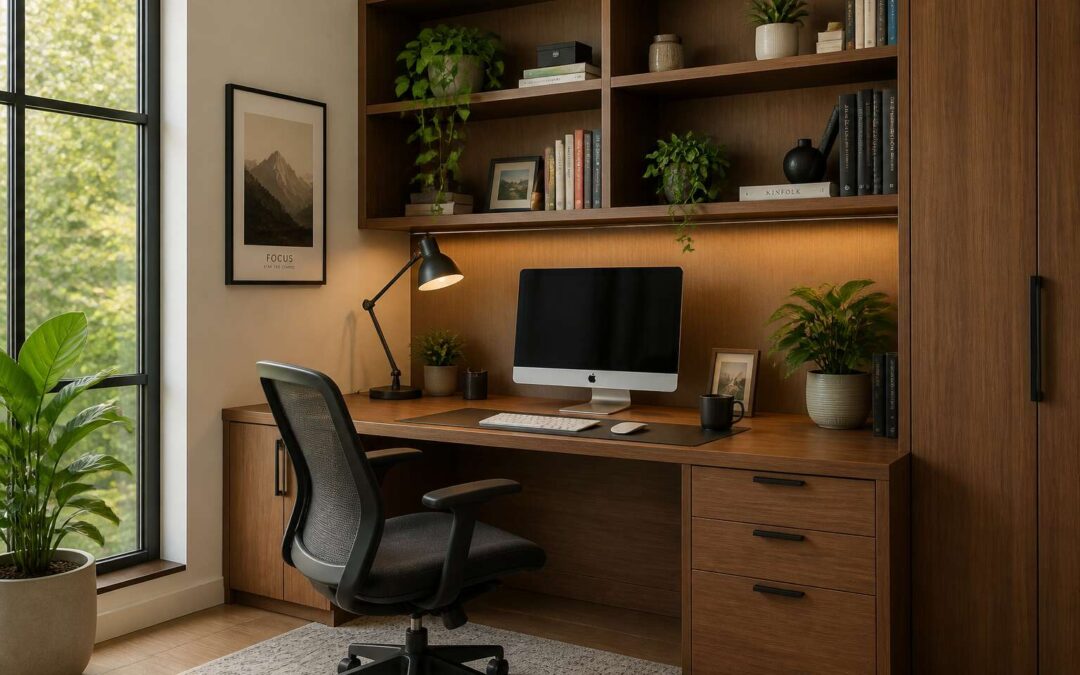 Office shelving desk ideas for a compact, organized home workspace.