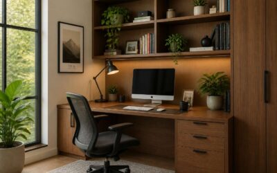 Office shelving desk ideas for a compact, organized home workspace.